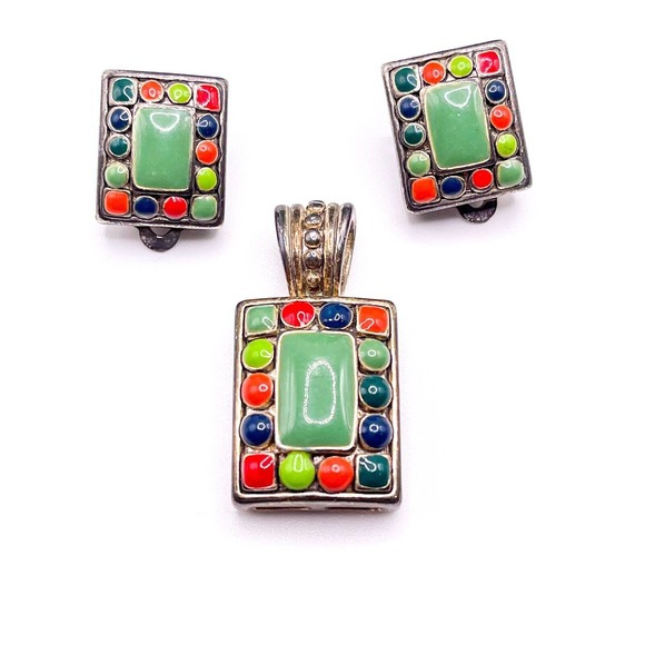 Mx Jewelry - Vintage Southwestern MX Womens Pendant Clip Earrings Set  Multicolor Enamel